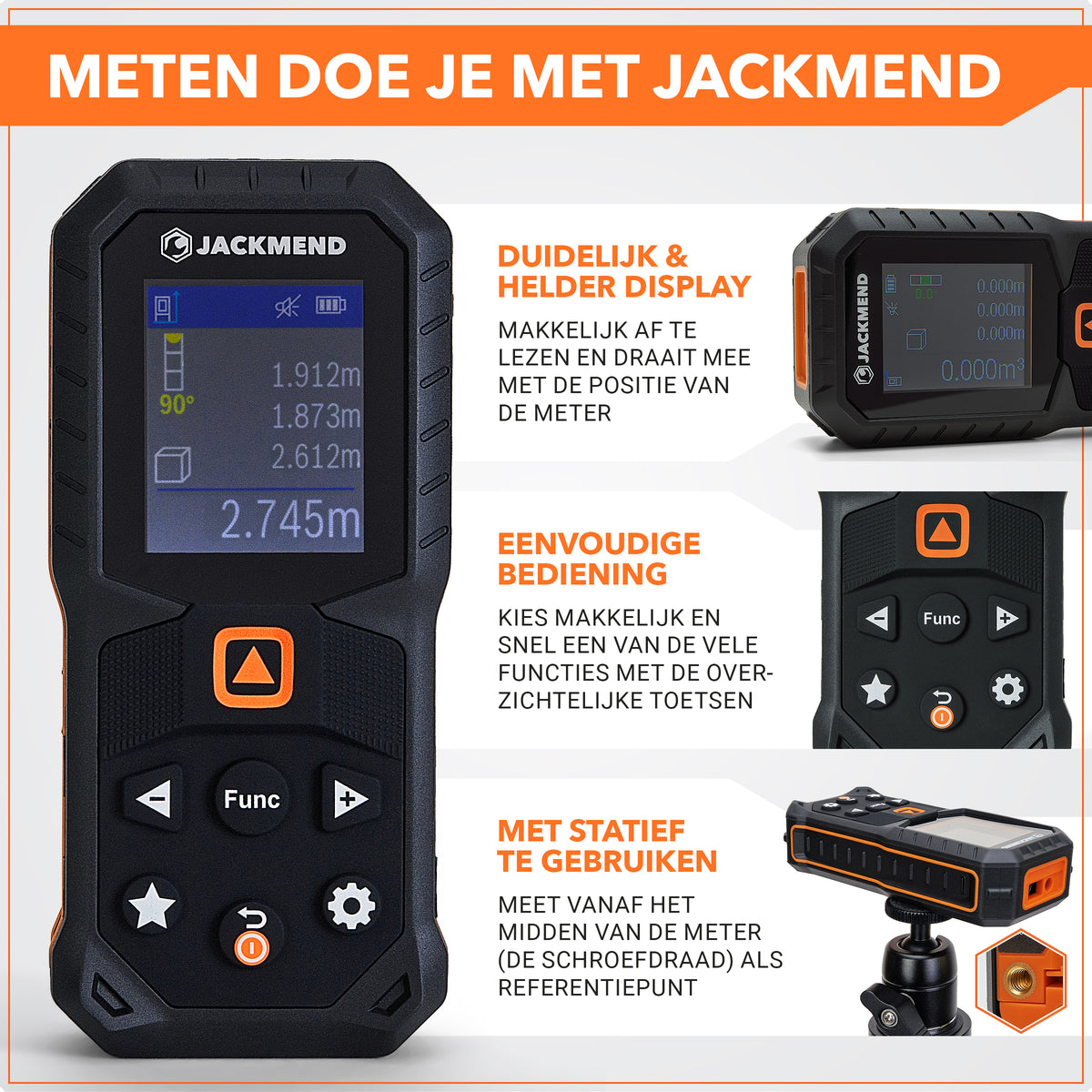 Jackmend Laserafstandsmeter 200 Meter Met Hellingmeter, Uitzetfunctie & Wandoppervlakte