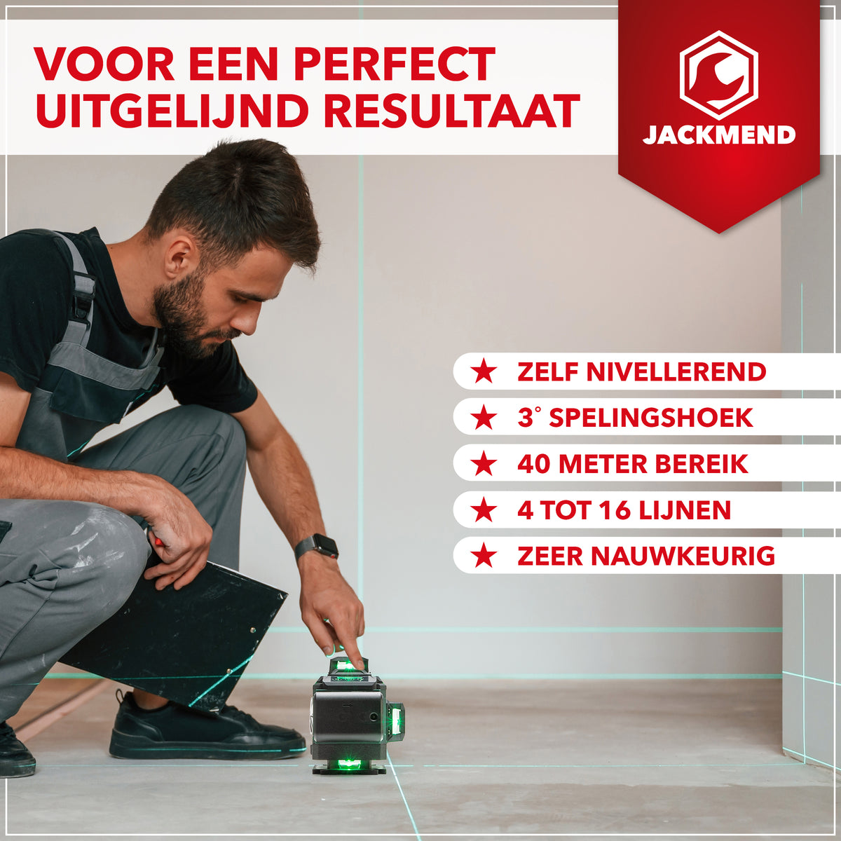 JACKMEND 4D Cross Line Laser with 1.45M Tripod 4 to 16 Lines - 50 Meter Measuring Range