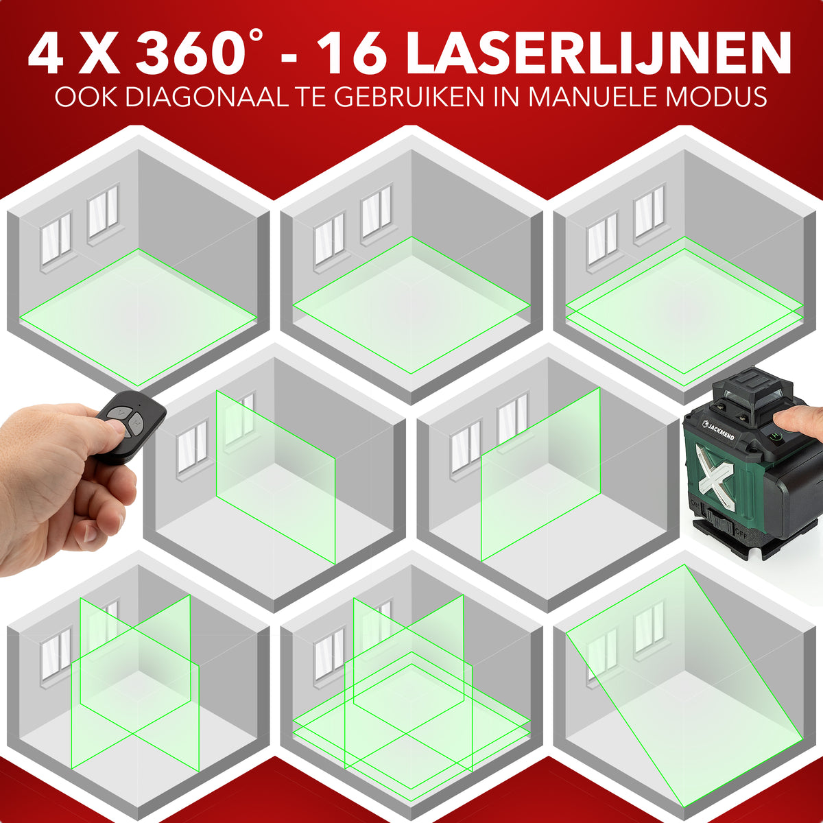 JACKMEND 4D Cross Line Laser with 1.45M Tripod 4 to 16 Lines - 50 Meter Measuring Range